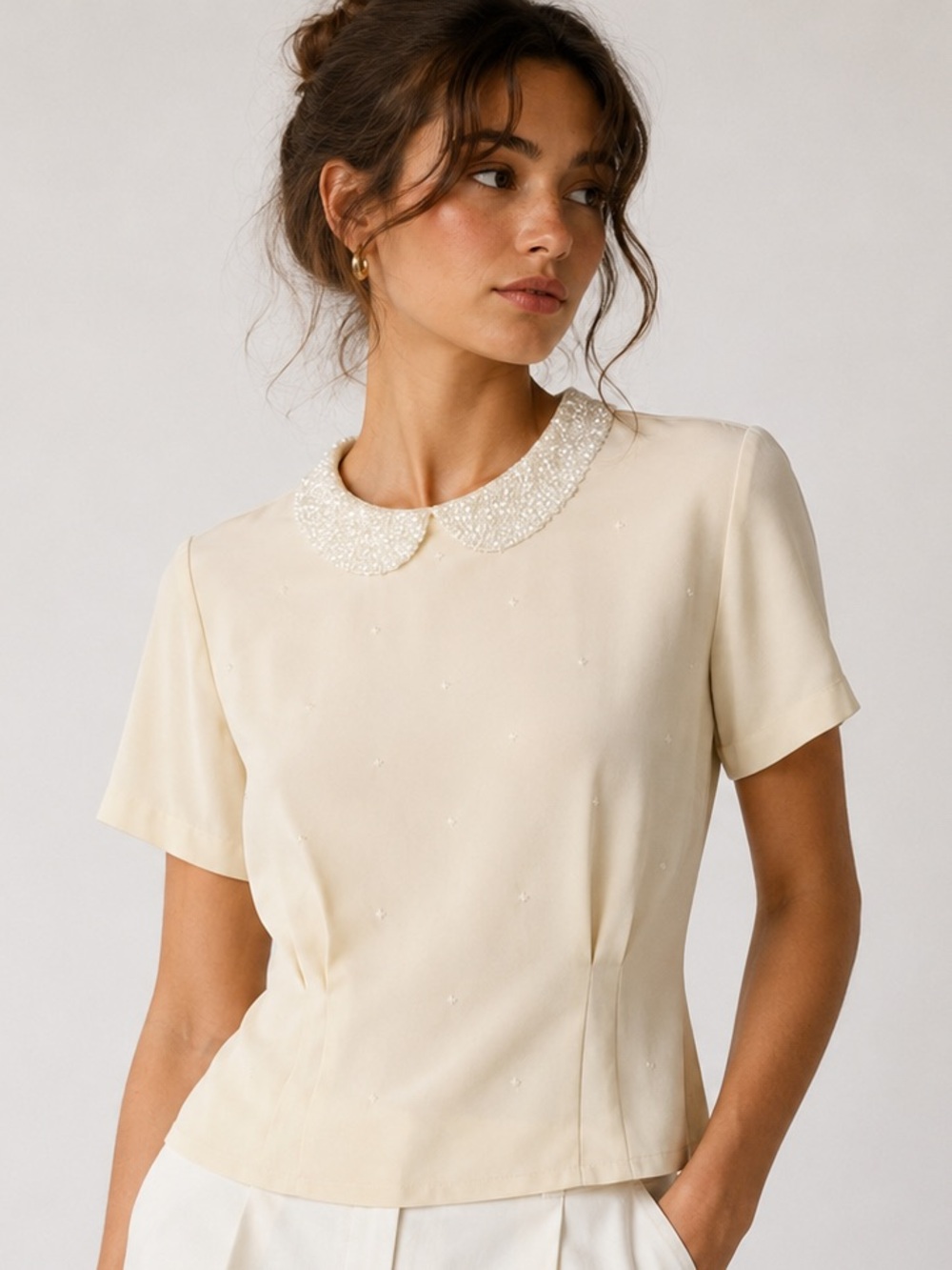 Vintage 100% Silk Anne Klein Ivory Blouse with Faux Bead Collar Button Back